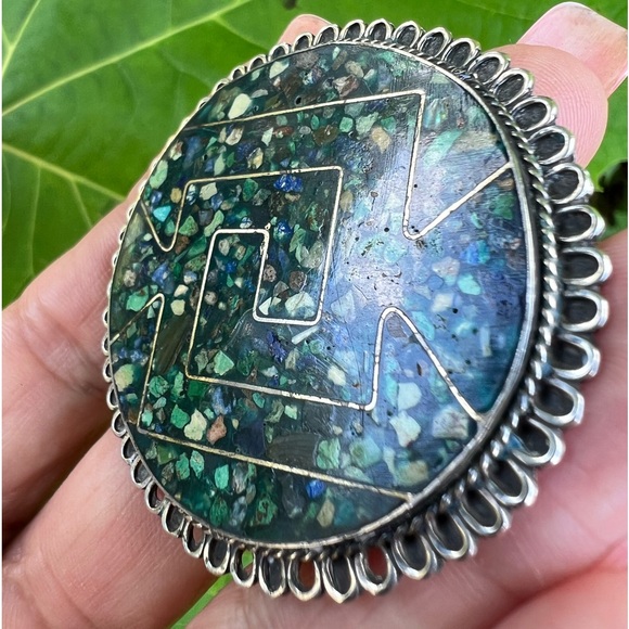 Vintage Sterling Silver Taxco Mexico Turquoise & Lapis Inlay Brooch Pendant - Picture 7 of 17
